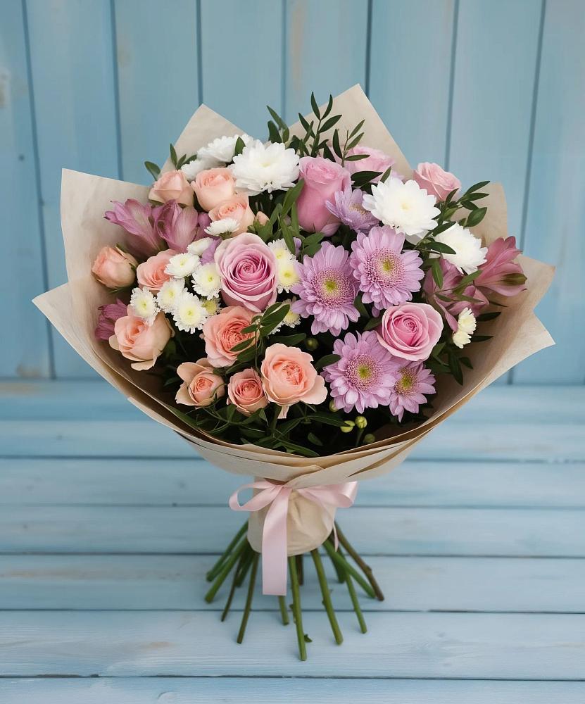 Букет цветов из: Хризантемы, Розы и Альстромерии в Макарово