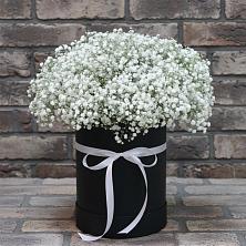 Цветочная композиция из Гипсофила в шляпной коробке в Макарово
