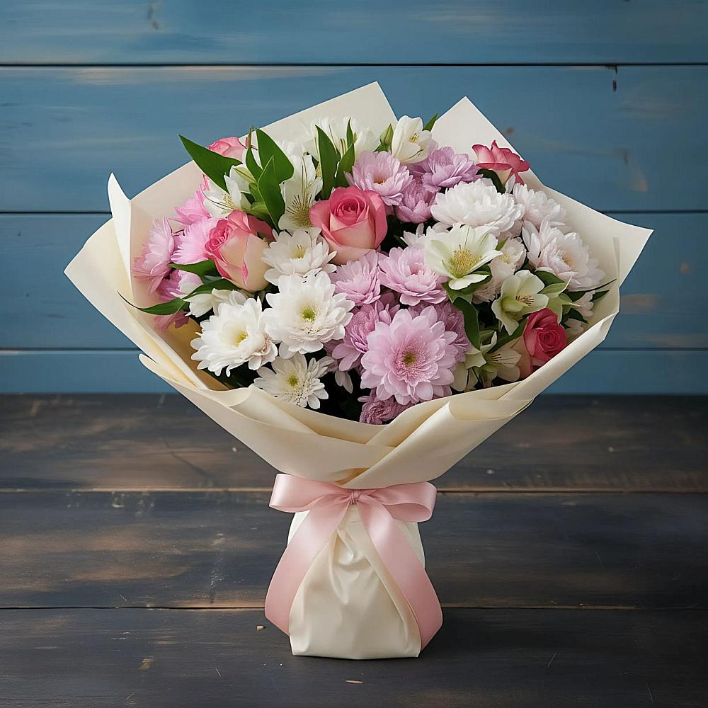 Букет цветов из: Хризантемы, Альстромерии и Розы в Макарово